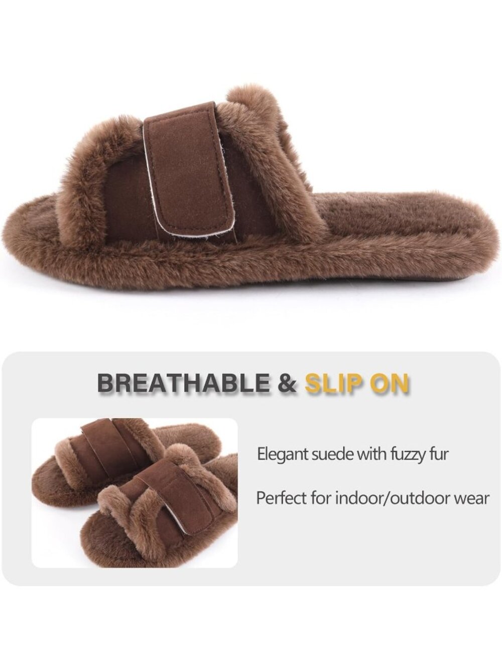 Women's Brown Suede Furry Fuzzy Memory Foam Fluffy Open Toe Soft Slipper Shoes - Picture 2 of 5